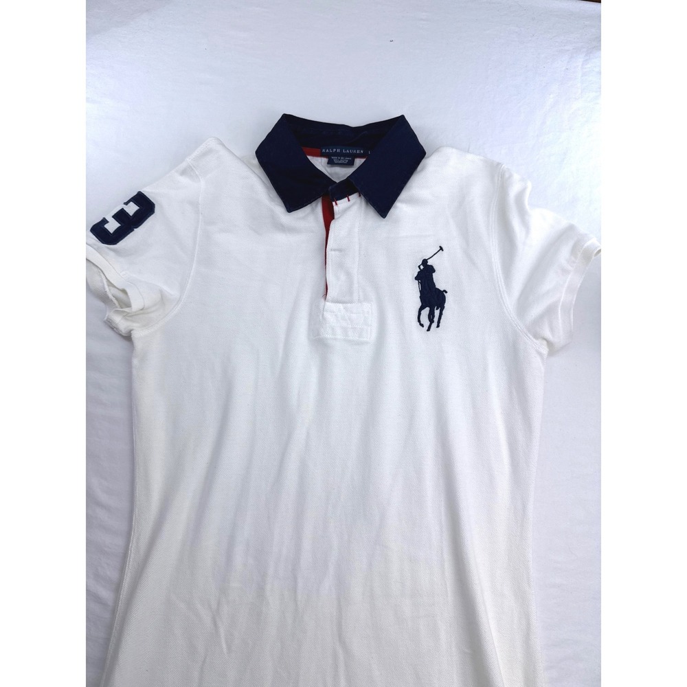 Ralph Lauren Big Pony White Polo Dress Navy Blue Collar Womens Large Cotton L
